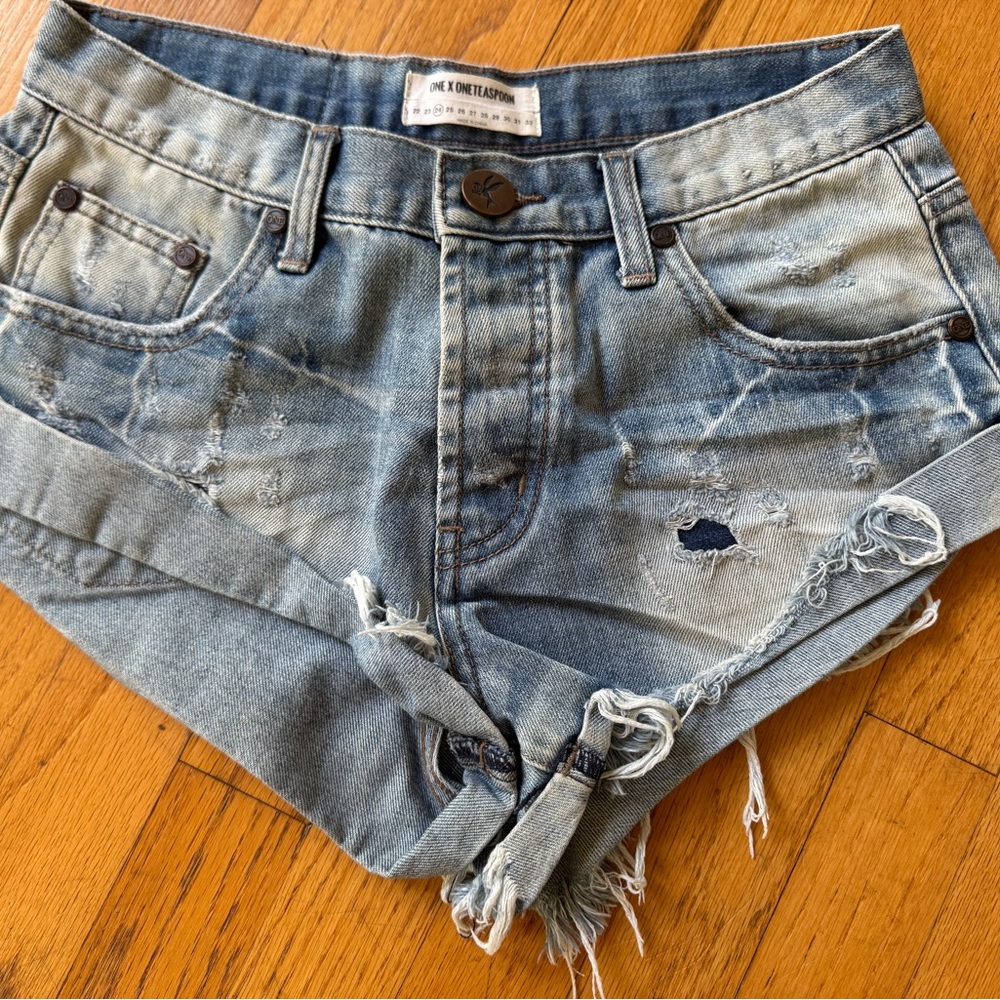 One Teaspoon Light Blue Distressed Denim Jean Shorts
